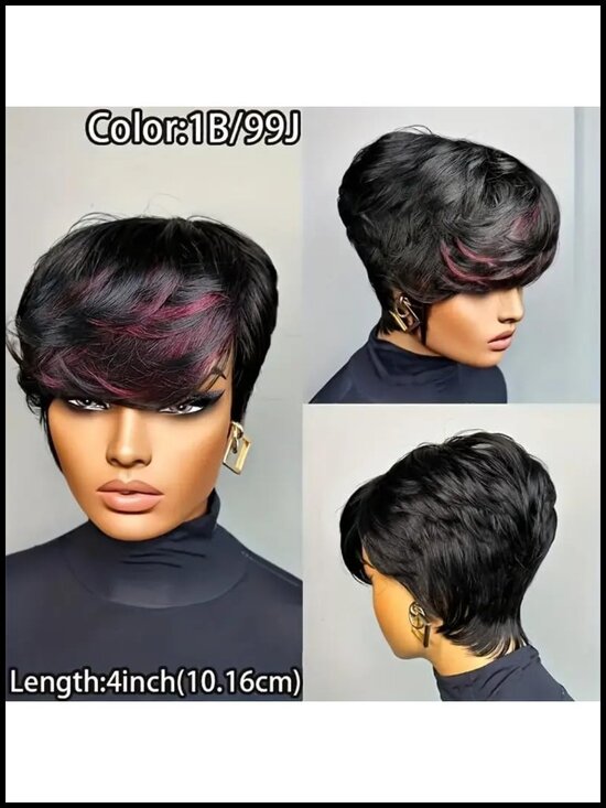 Short Pixie Wig Human Hair Glueless Straight Full Machine Made 180 Density main image 3